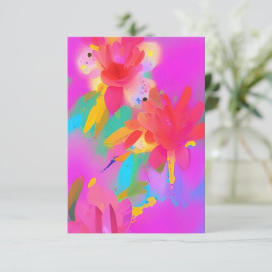 Kleurrijke waterverf bloemen fuschia abstract kat bedankkaart (Staand voorkant)