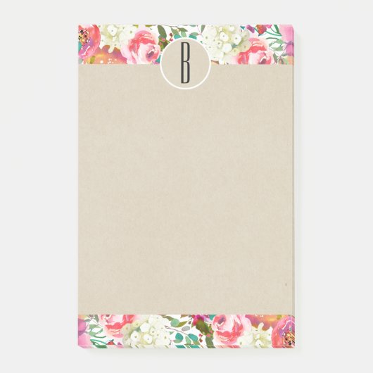 Kleurrijke Waterverf Bloemen Kraft Monogram Initia Post-it® Notes (Voorkant)