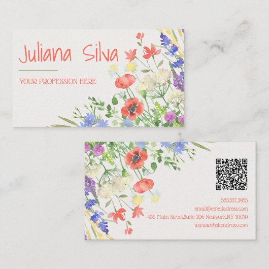 Kleurrijke Waterverf Bloemen met QR Visitekaartje (Voorkant / Achterkant)