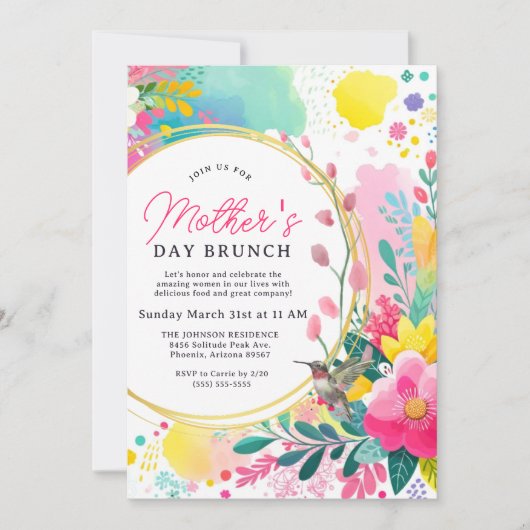 Kleurrijke Waterverf Bloemen Moederdag Brunch Kaart (Voorkant)