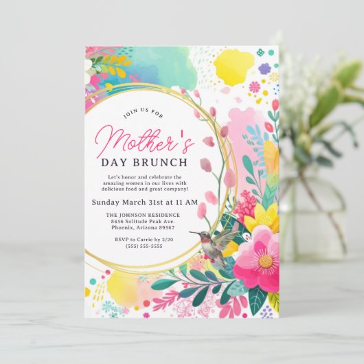 Kleurrijke Waterverf Bloemen Moederdag Brunch Kaart (Staand voorkant)