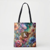 Kleurrijke Waterverf Bloemen Monogram Tote Bag (Voorkant)