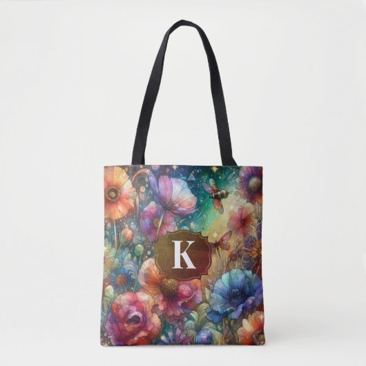 Kleurrijke  Waterverf Bloemen Monogram Tote Bag (Voorkant)