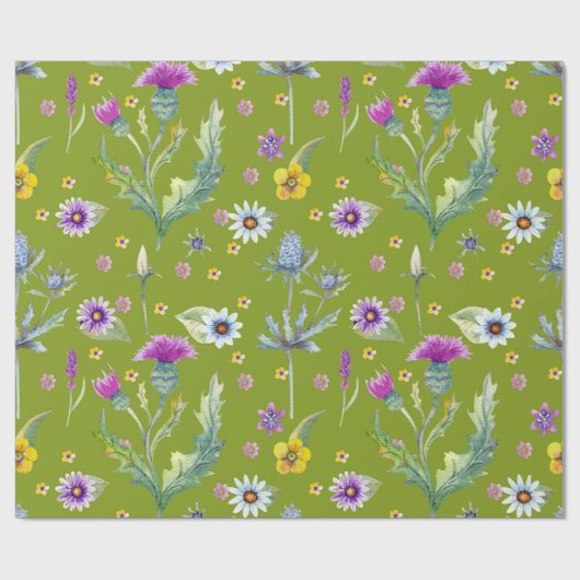 Kleurrijke waterverf bloemen op groene achtergrond cadeaupapier (Vlak)