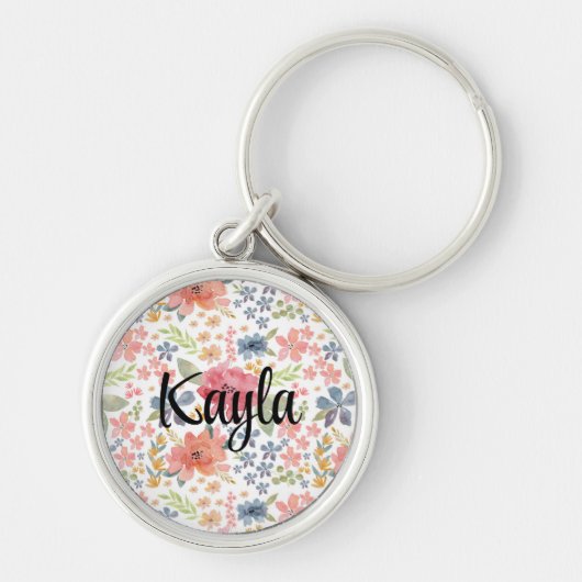 Kleurrijke Waterverf Bloemen Sleutelhanger Roze (Voorkant)