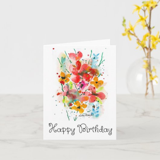 Kleurrijke Waterverf Bloemen Verjaardag Kaart (Gele Bloem)