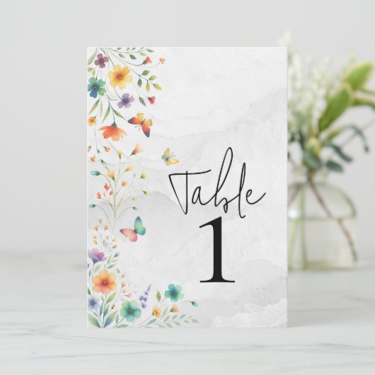 Kleurrijke Waterverf Bloemen Vlinder Tafelnummer (Staand voorkant)