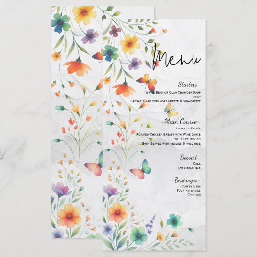 Kleurrijke Waterverf Bloemen Vlinder Wedding Menu (Voorkant / Achterkant)