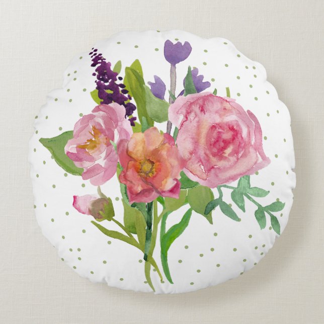 Kleurrijke Waterverf bloemenboeket accentkussen Rond Kussen (Voorkant)
