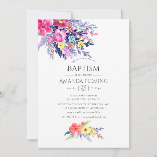 Kleurrijke Waterverf bloemendoop of doop Kaart (Voorkant)