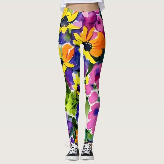 Kleurrijke Waterverf Bloemenkunst Leggings (Voorkant)