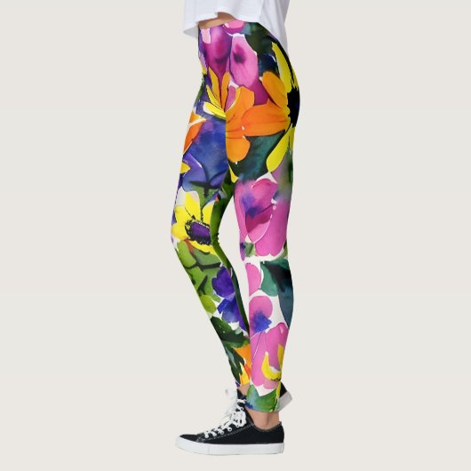 Kleurrijke Waterverf Bloemenkunst Leggings (Links)