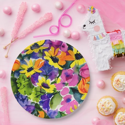 Kleurrijke Waterverf Bloemenkunst Papieren Bordje (Feest)
