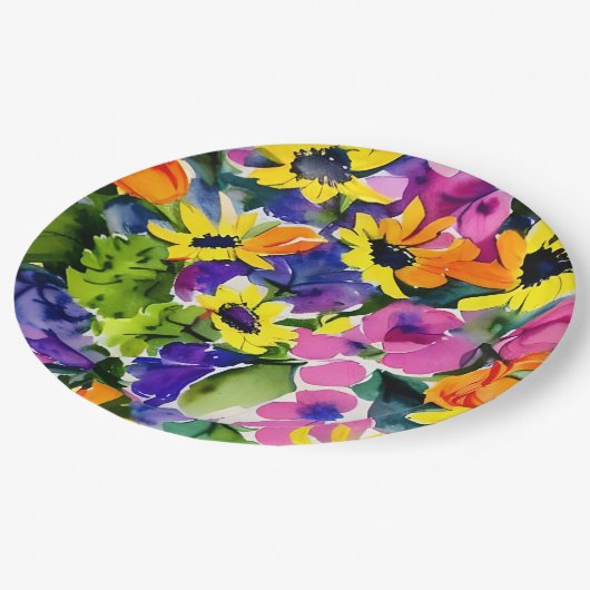 Kleurrijke Waterverf Bloemenkunst Papieren Bordje (Gekanteld)