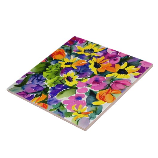Kleurrijke Waterverf Bloemenkunst Tegeltje (Zijkant)