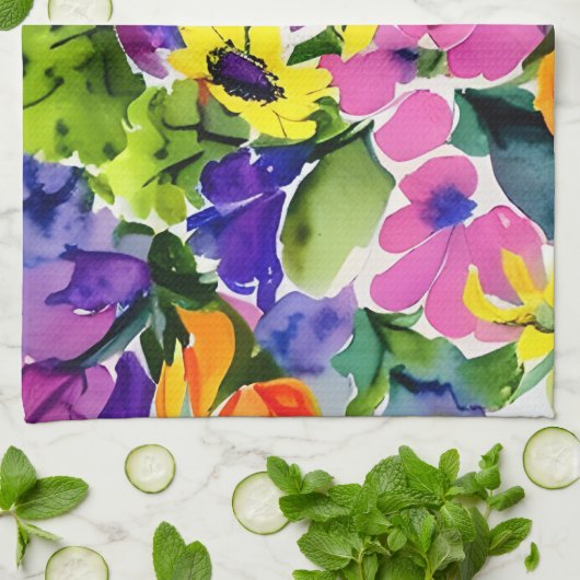 Kleurrijke Waterverf Bloemenkunst Theedoek (Gevouwen)