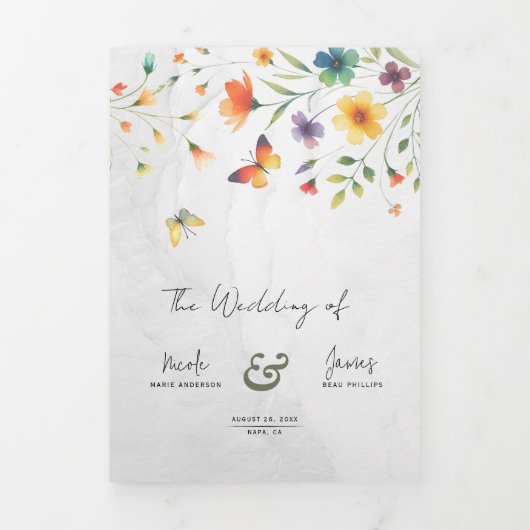 Kleurrijke Waterverf Bloemenvlinder bruiloft Drieluik Uitnodiging (Cover)