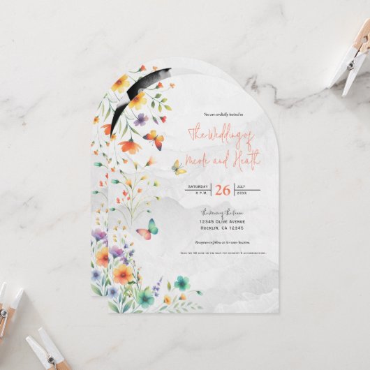 Kleurrijke Waterverf Bloemenvlinder bruiloft Kaart (Voorkant / Achterkant in situ)