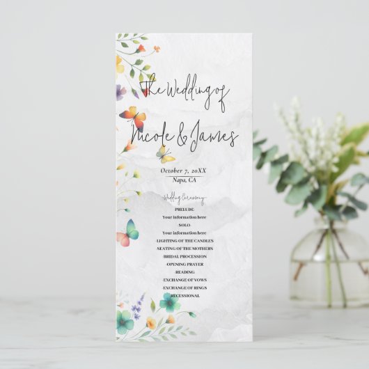 Kleurrijke Waterverf Bloemenvlinder bruiloft Programmakaart (Staand voorkant)