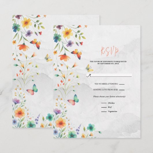 Kleurrijke Waterverf Bloemenvlinder bruiloft RSVP Kaart (Voorkant / Achterkant)