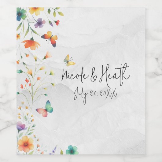 Kleurrijke Waterverf Bloemenvlinder bruiloft Wijn Etiket (Enkel label)