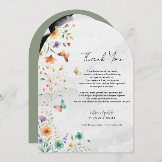 Kleurrijke Waterverf Bloemenvlinder Dank u Kaart (Voorkant / Achterkant)