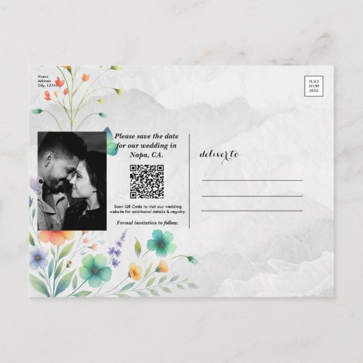 Kleurrijke Waterverf Bloemenvlinder Save the Date Aankondigingskaart (Achterkant)