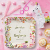 Kleurrijke Waterverf Bloemige Trouwdatum Naam Papieren Bordje (Feest)