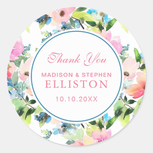 Kleurrijke Waterverf bloemmotief | Dank u Ronde Sticker (Voorkant)