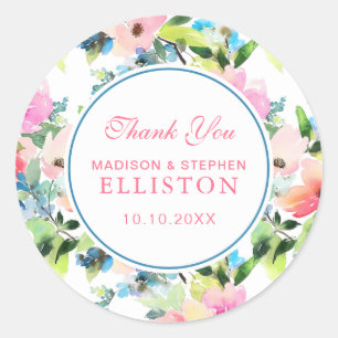 Kleurrijke Waterverf bloemmotief   Dank u Ronde Sticker