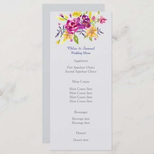Kleurrijke Waterverf Boeket Bruiloft Menu (Voorkant / Achterkant)