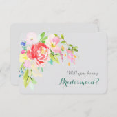 Kleurrijke Waterverf Boeket op Silver Bridesmaid Kaart (Voorkant / Achterkant)