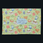 Kleurrijke  Waterverf Chef Cooking Green Theedoek<br><div class="desc">Helder en kleurrijk "Bon Appetite"-patroon gemaakt met waterverf geschilderde  keukenartikelen en voedingsmiddelen en faux gouden glitterelementen,  aanpasbare tekst voor een persoonlijk cadeau.</div>