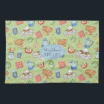 Kleurrijke  Waterverf Chef Cooking Green Theedoek<br><div class="desc">Helder en kleurrijk "Bon Appetite"-patroon gemaakt met waterverf geschilderde  keukenartikelen en voedingsmiddelen en faux gouden glitterelementen,  aanpasbare tekst voor een persoonlijk cadeau.</div>