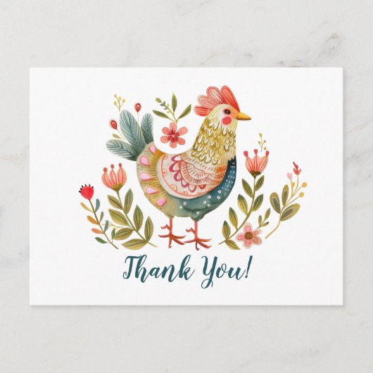 Kleurrijke Waterverf Chicken Folk Art Dank u Briefkaart (Voorkant)
