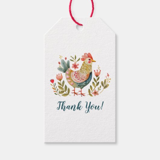 Kleurrijke Waterverf Chicken Folk Art Dank u Cadeaulabel (Voorkant)