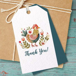 Kleurrijke Waterverf Chicken Folk Art Dank u Cadeaulabel