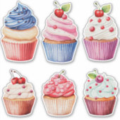 Kleurrijke Waterverf Cupcakes set van 6 Sticker (Voorkant)