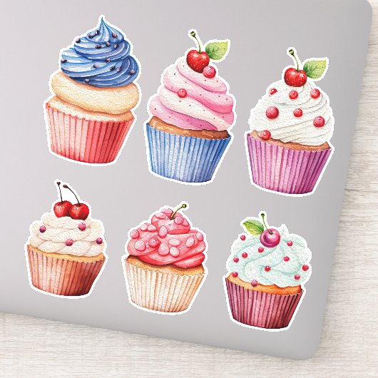 Kleurrijke Waterverf Cupcakes set van 6 Sticker (Detail)
