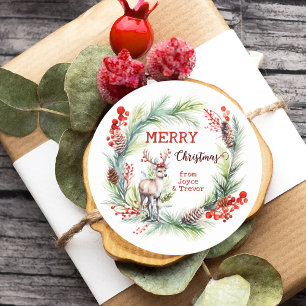Kleurrijke Waterverf Deer Krans Kerst Ronde Sticker