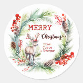 Kleurrijke Waterverf Deer Krans Kerst Ronde Sticker (Voorkant)