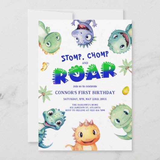 Kleurrijke Waterverf Dinosaurus Eerste Verjaardags Kaart (Voorkant)