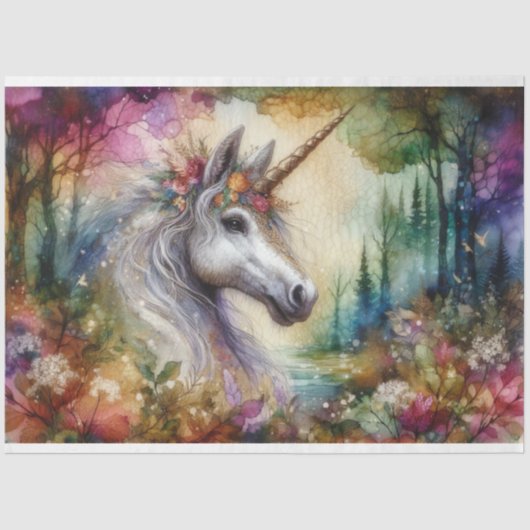 Kleurrijke Waterverf Eenhoorn Woodland Decoupage Tissuepapier (Voorkant)