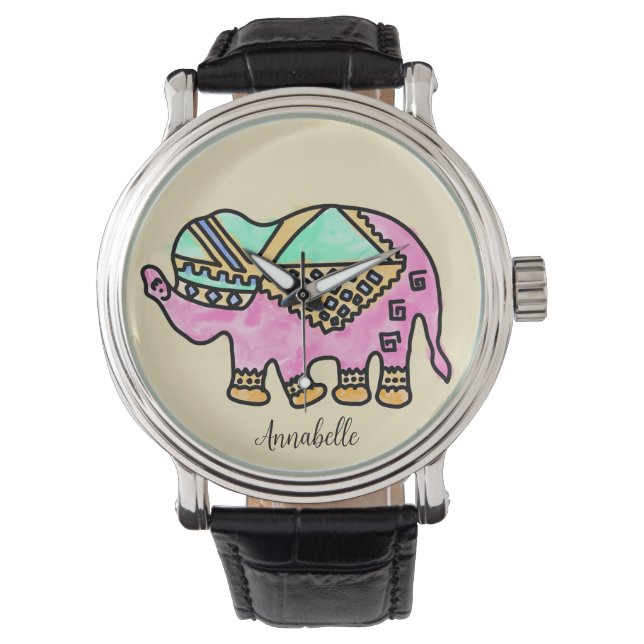 Kleurrijke Waterverf Elephant Horloge (Voorkant)