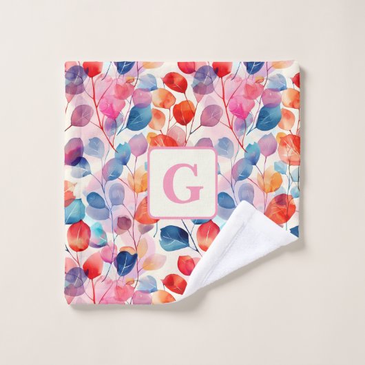 Kleurrijke Waterverf Eucalyptus Bladeren monogram Bad Handdoek (Wasdoekje)
