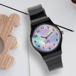 Kleurrijke Waterverf Faux Holographic Opal Stone Horloge<br><div class="desc">Verhoog uw stijl met deze kleurrijke Waterverf Faux Holographic Opal Stone Watch! Met een betoverende opaal-geïnspireerde waterverf textuur in het midden, is dit horloge zowel functioneel als modieus. Zwarte typografienummers omringen het ontwerp, terwijl uw initialen of monogram kunnen worden gepersonaliseerd in een elegant zwart script onder de wijzers van het...</div>