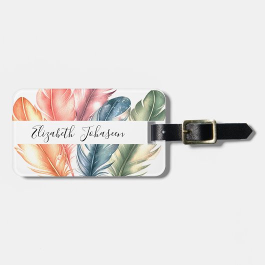 Kleurrijke Waterverf Feathers Black Script Naam Bagagelabel (Voorkant horizontaal)