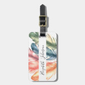 Kleurrijke Waterverf Feathers Black Script Naam Bagagelabel (Voorkant verticaal)