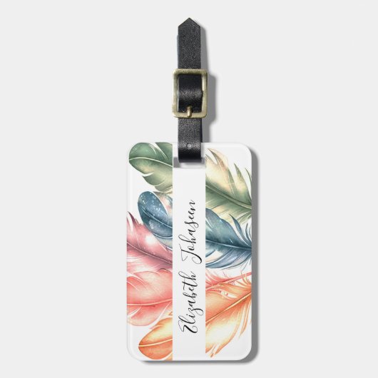 Kleurrijke Waterverf Feathers Black Script Naam Bagagelabel (Voorkant verticaal)