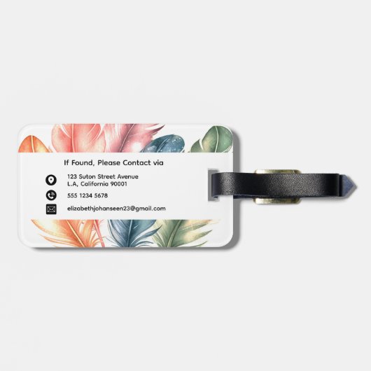 Kleurrijke Waterverf Feathers Black Script Naam Bagagelabel (Achterkant horizontaal)